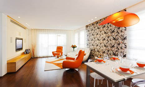 retro style living room with orange furniture